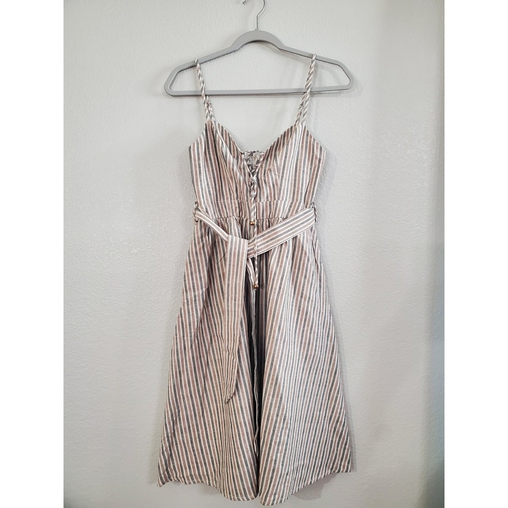 Indikah Striped Lace Up Midi Dress Neutral Tan Blue Herringbone XS - Picture 3 of 10